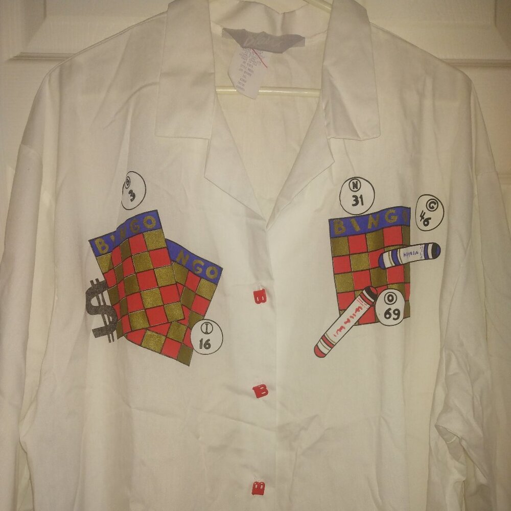 Women's Plus Size Blair Vintage Lucky Bingo Graphic White Button Up Shirt